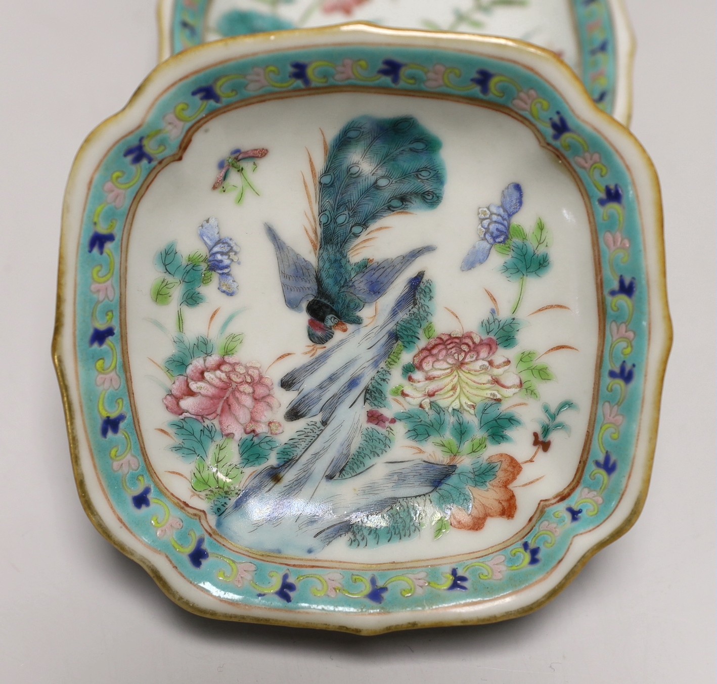 A set of Chinese famille rose bird or insect and flowers dishes, Tongzhi mark and period (1862-74), largest 23 cm wide